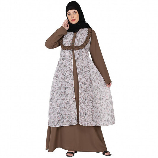 Designer Printed Shrug with Beige Inner abaya