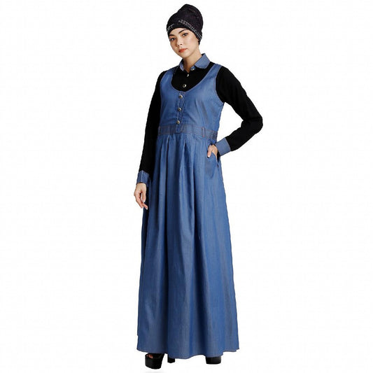 Classic Denim maxi dress with shirt collar- Black-Blue