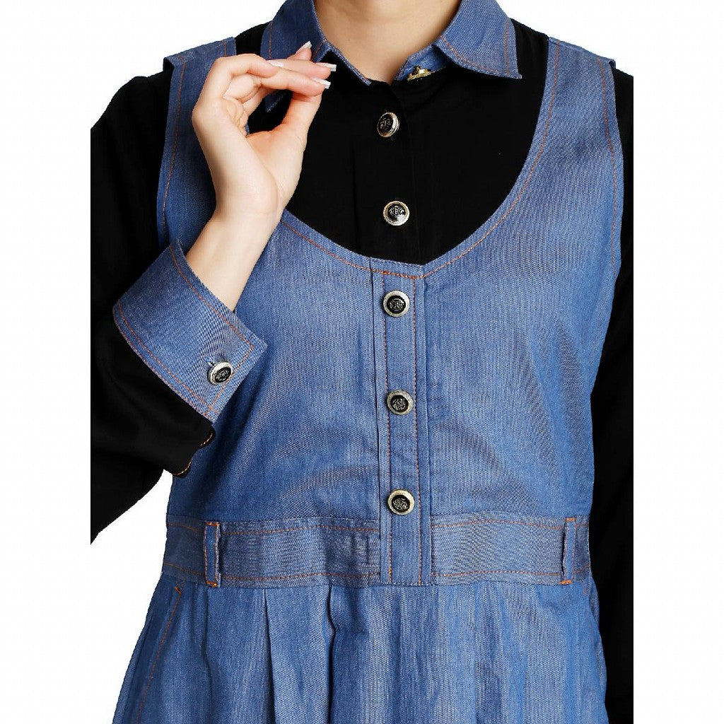 Classic Denim maxi dress with shirt collar- Black-Blue
