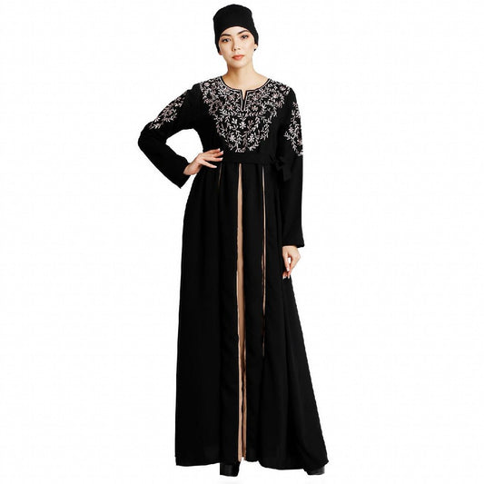 Umbrella abaya with embroidery work - Black-Khaki