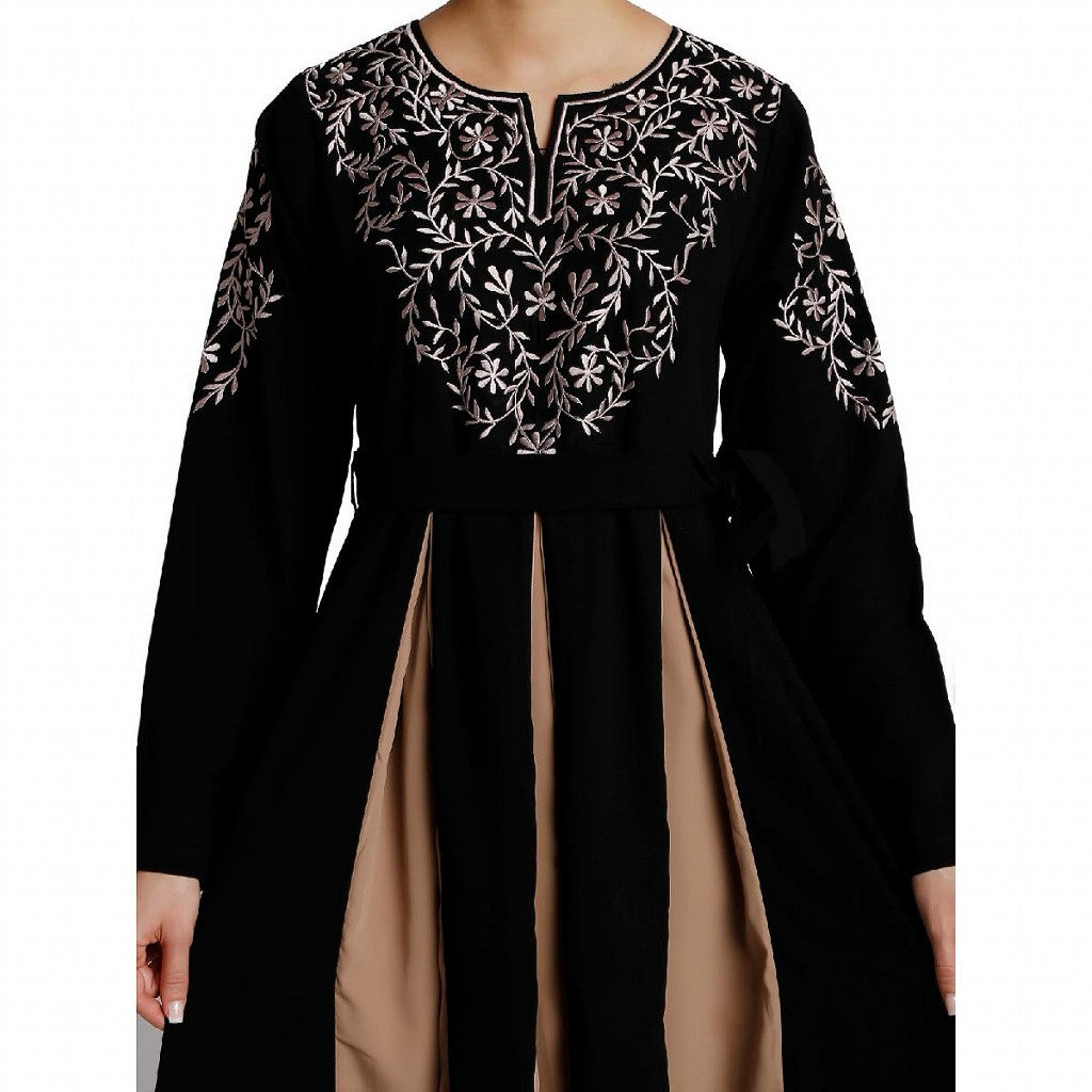 Umbrella abaya with embroidery work - Black-Khaki