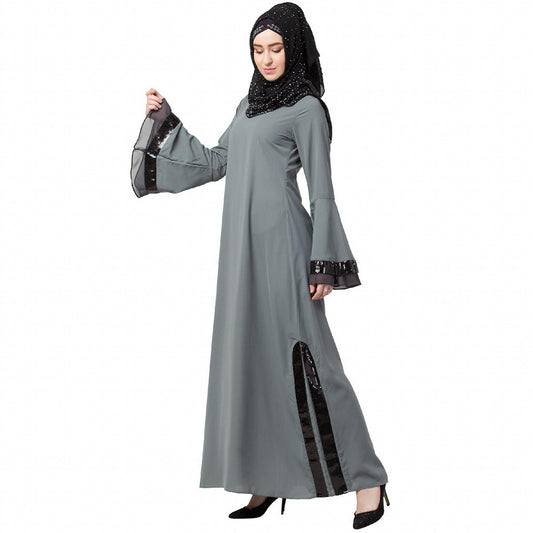 A-line abaya with Black sequins work- Grey
