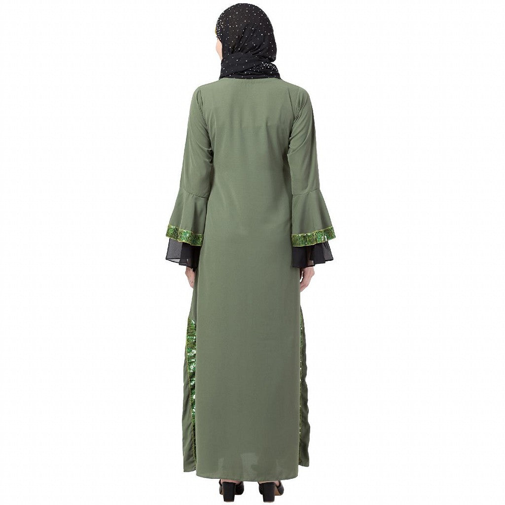 A-line abaya with Black sequins work- Jade Green