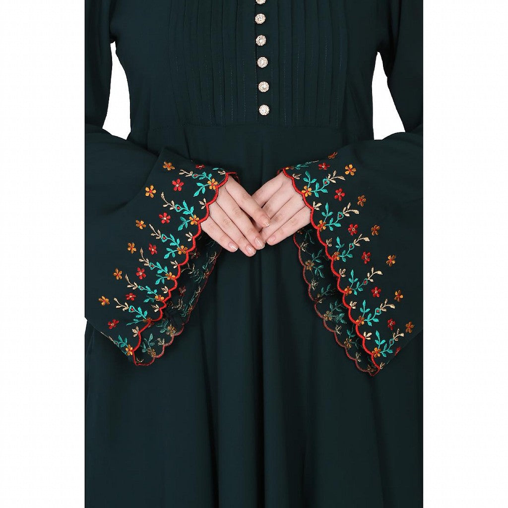 Fashionable Umbrella abaya with embroidery work -Bottle Green
