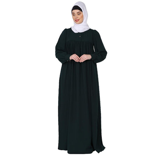 Casual cuff sleeves pleated abaya- Bottle Green