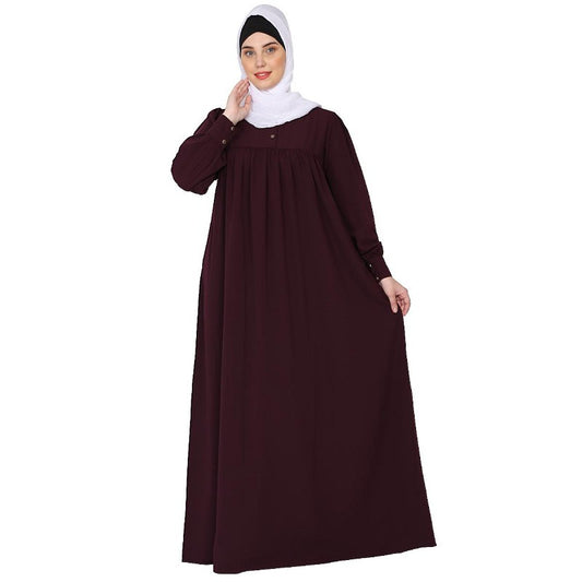 Casual cuff sleeves pleated abaya- Burgundy