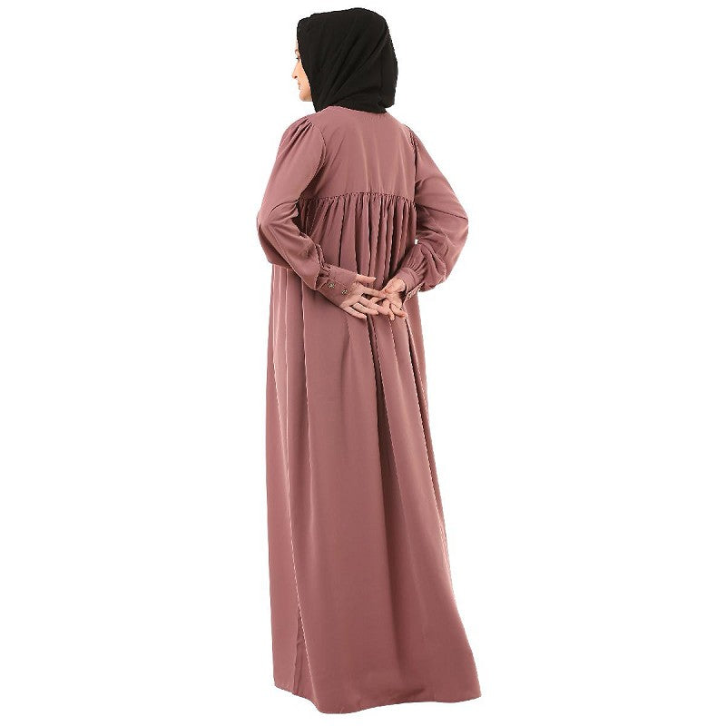 Casual cuff sleeves pleated abaya- Puce Pink