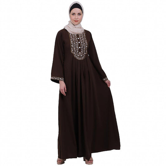 Firdaws Pintuck embroidery abaya- Coffee Brown