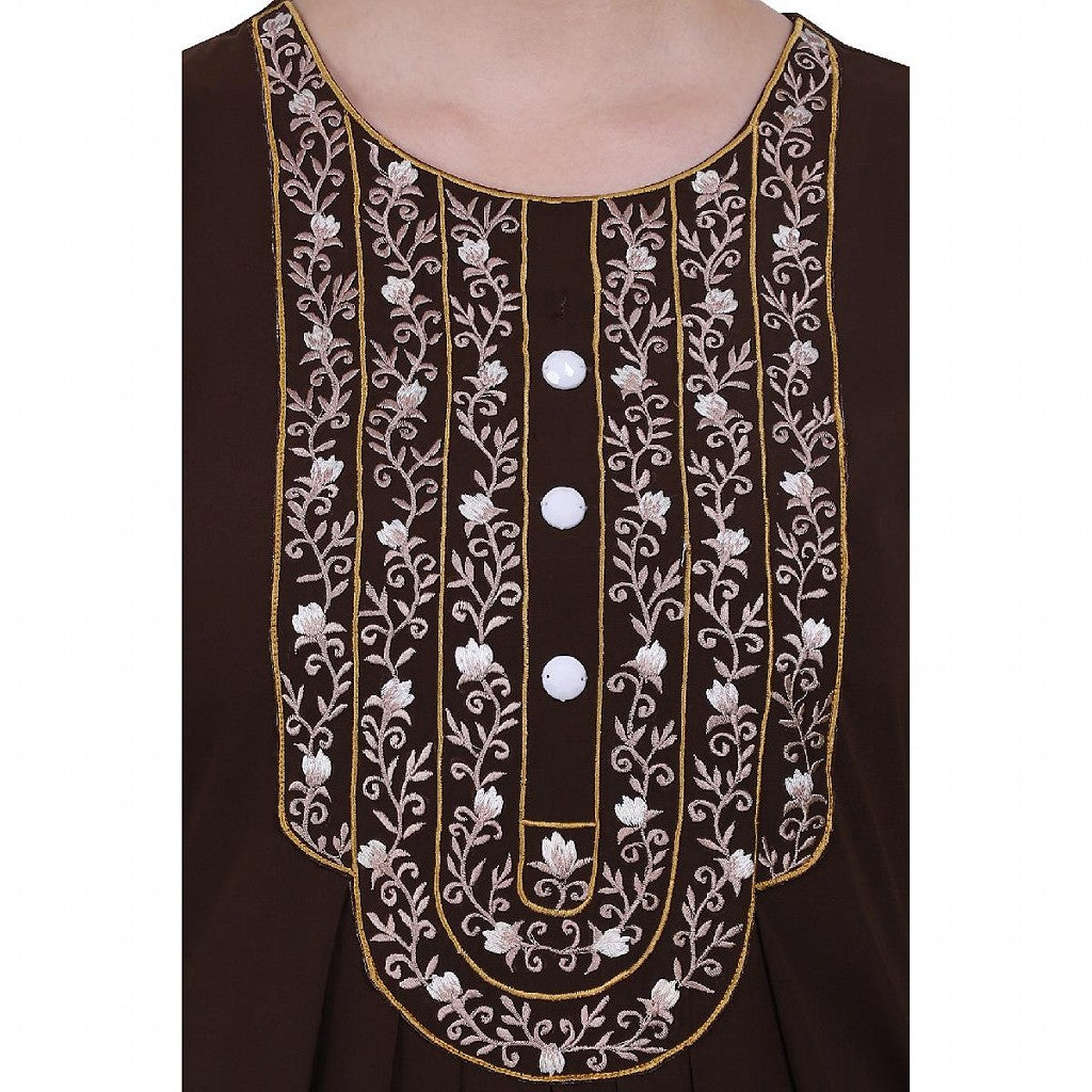 Firdaws Pintuck embroidery abaya- Coffee Brown