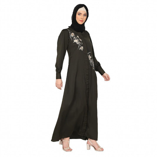 Front Open cuff sleeves Embroidery Abaya - Olive Green