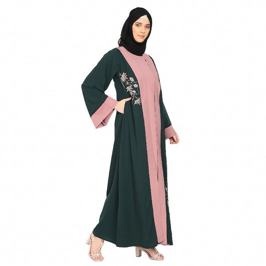 Embroidery work on layered abaya- Bottle Green-baby pink