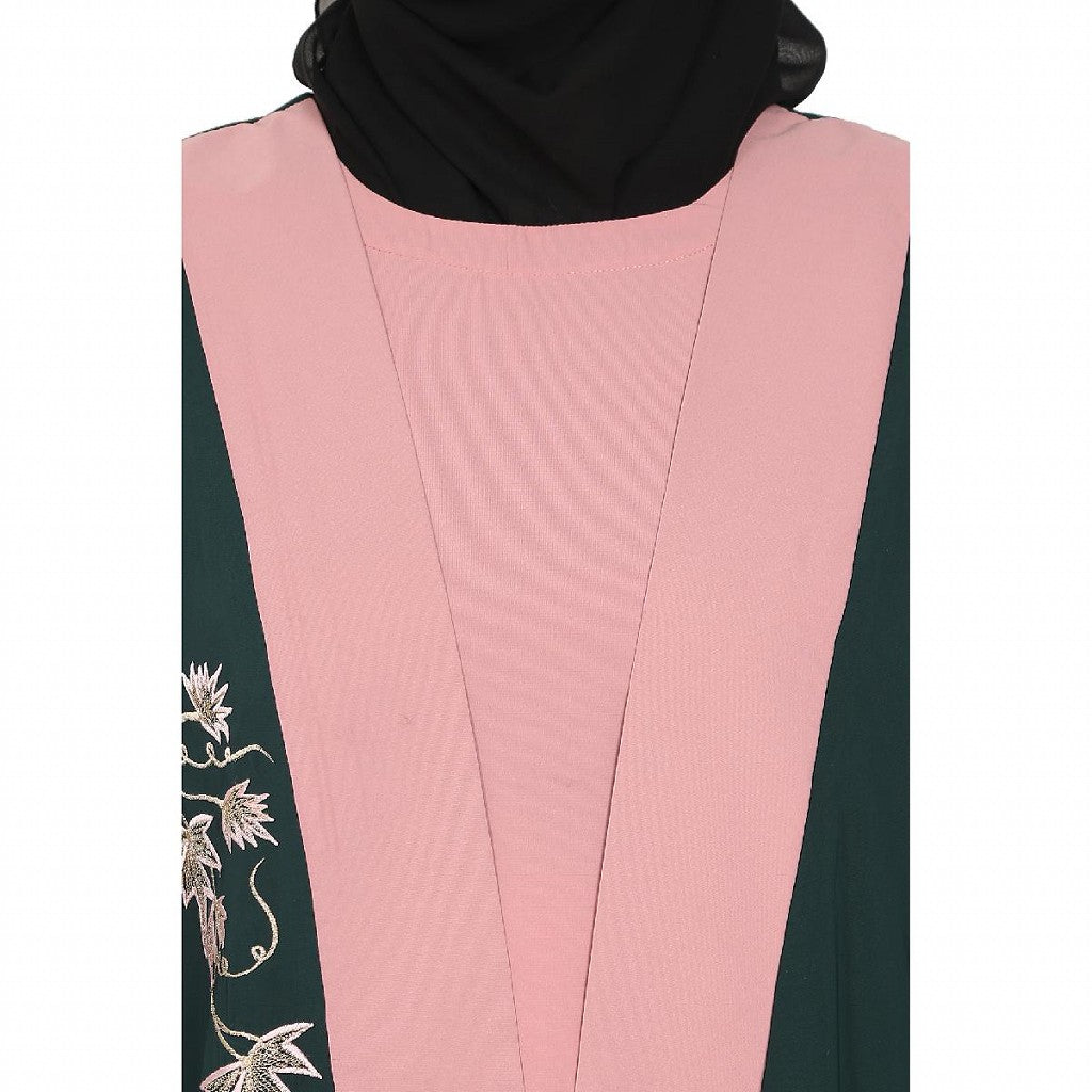 Embroidery work on layered abaya- Bottle Green-baby pink