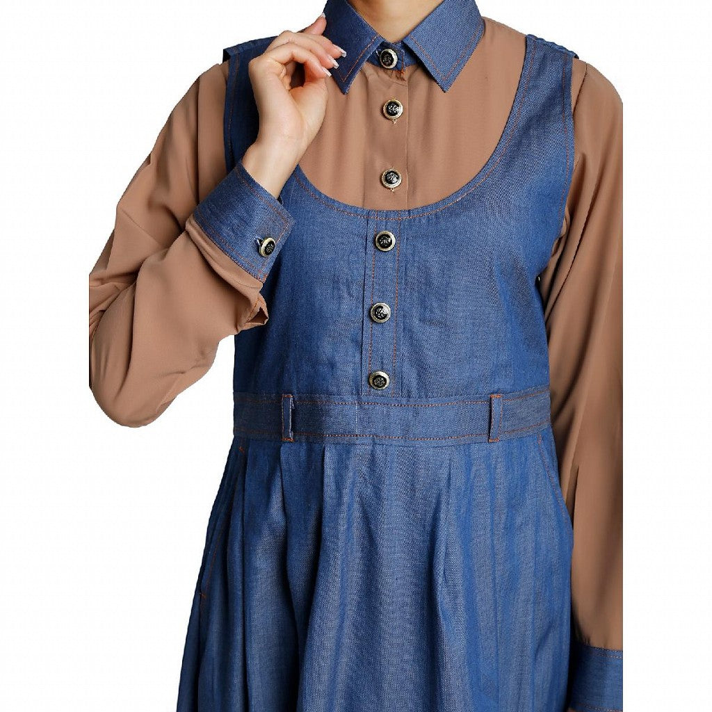 Classic Denim maxi dress with shirt collar- Khaki-Blue