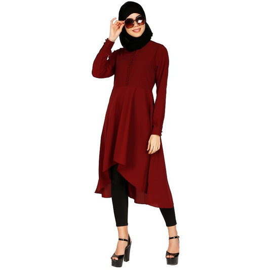 Modest Kurti with potli buttons neck design- Maroon