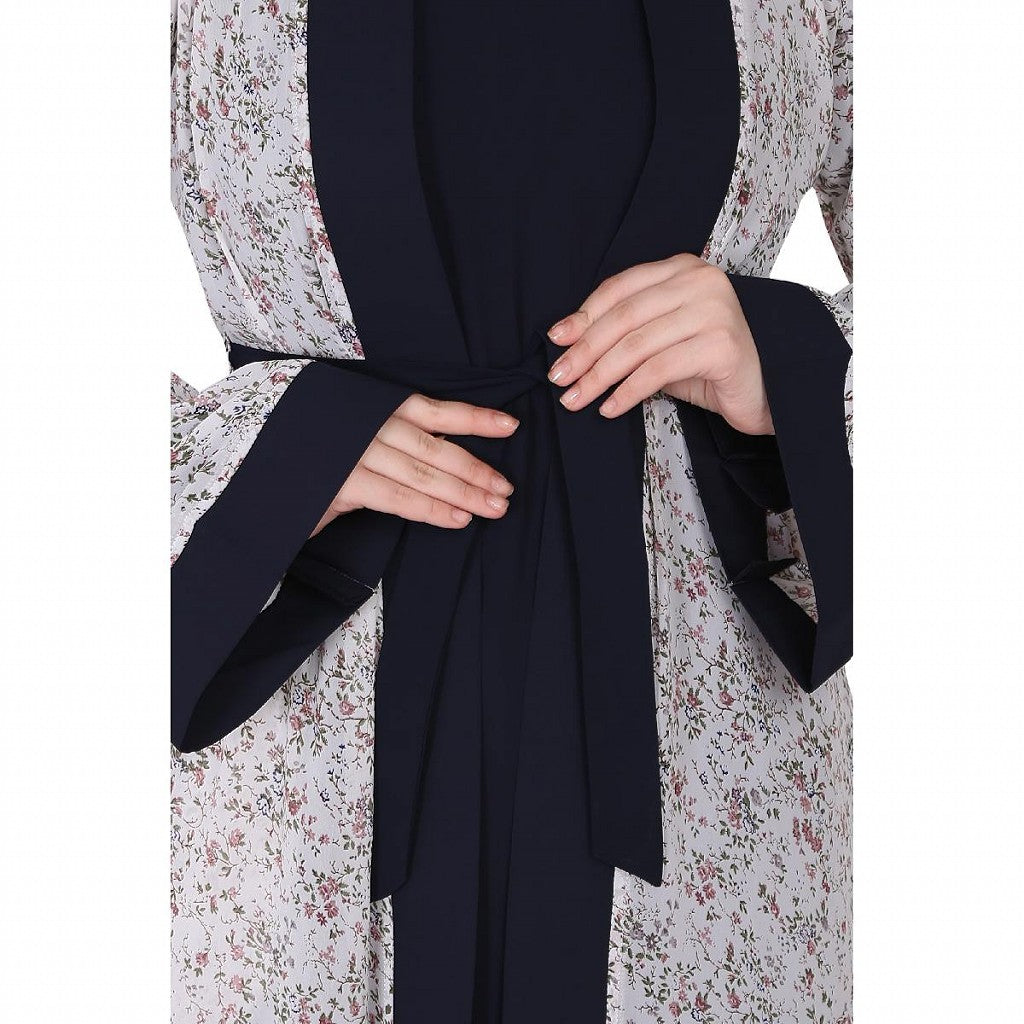 Shrug abaya combo- Off-white printed Shrug with Navy inner abaya