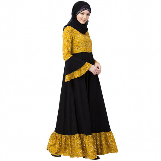 Printed Frilled abaya- Mustard-Black