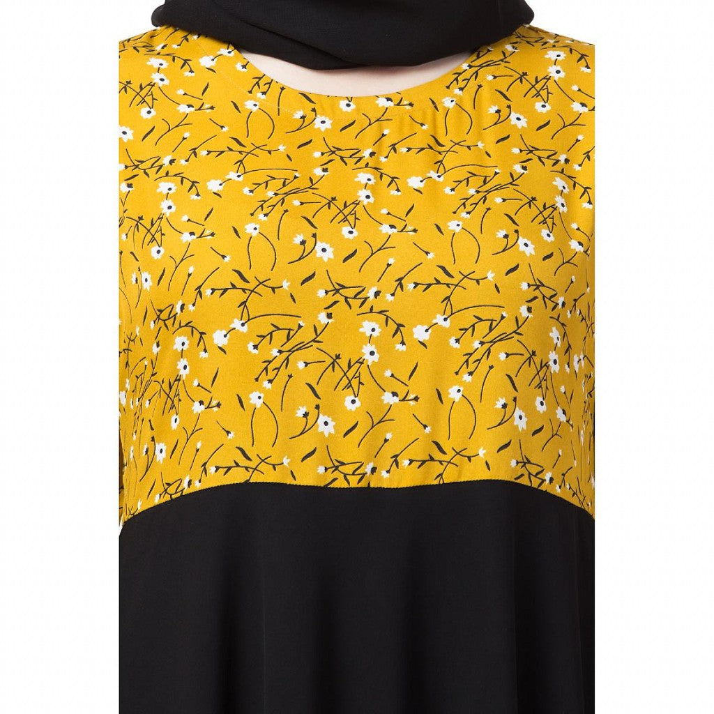 Printed Frilled abaya- Mustard-Black