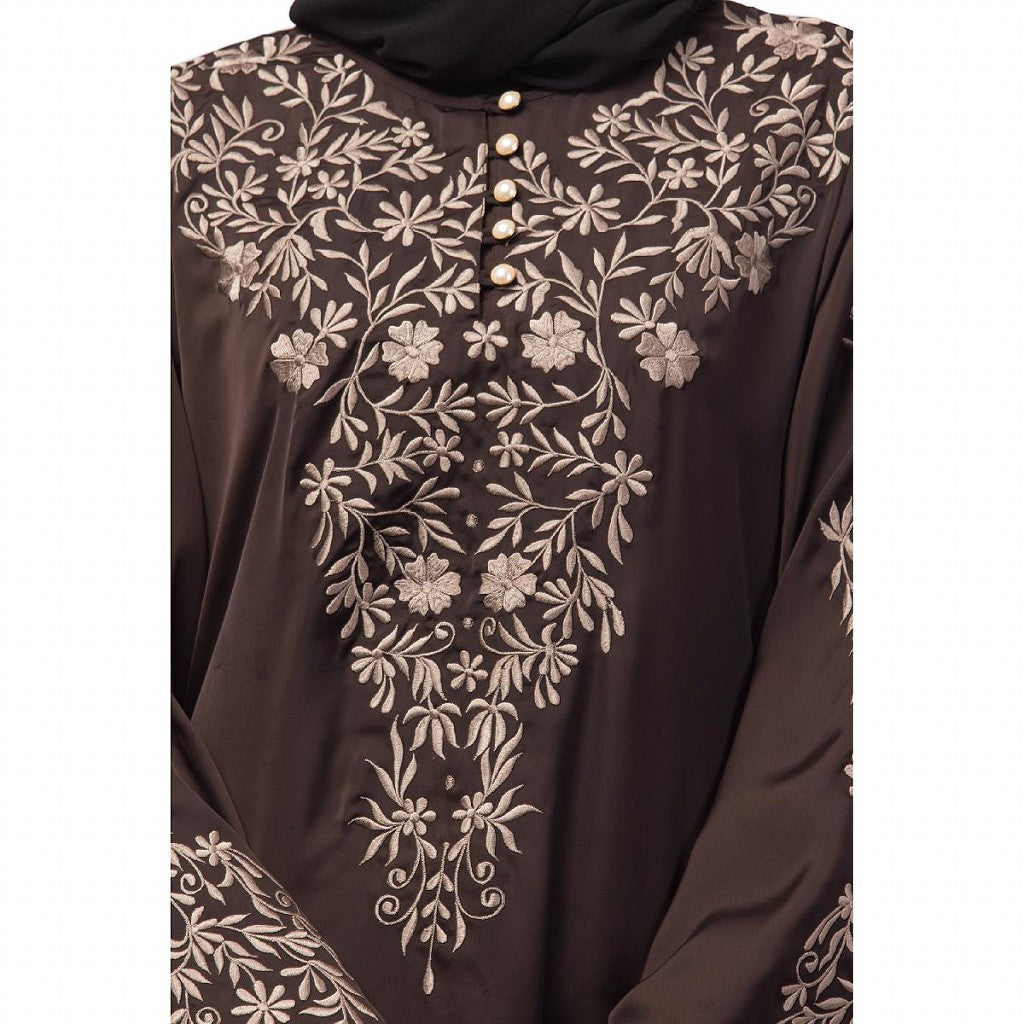 A-line party wear abaya with Resham embroidery work- Coffee Brown