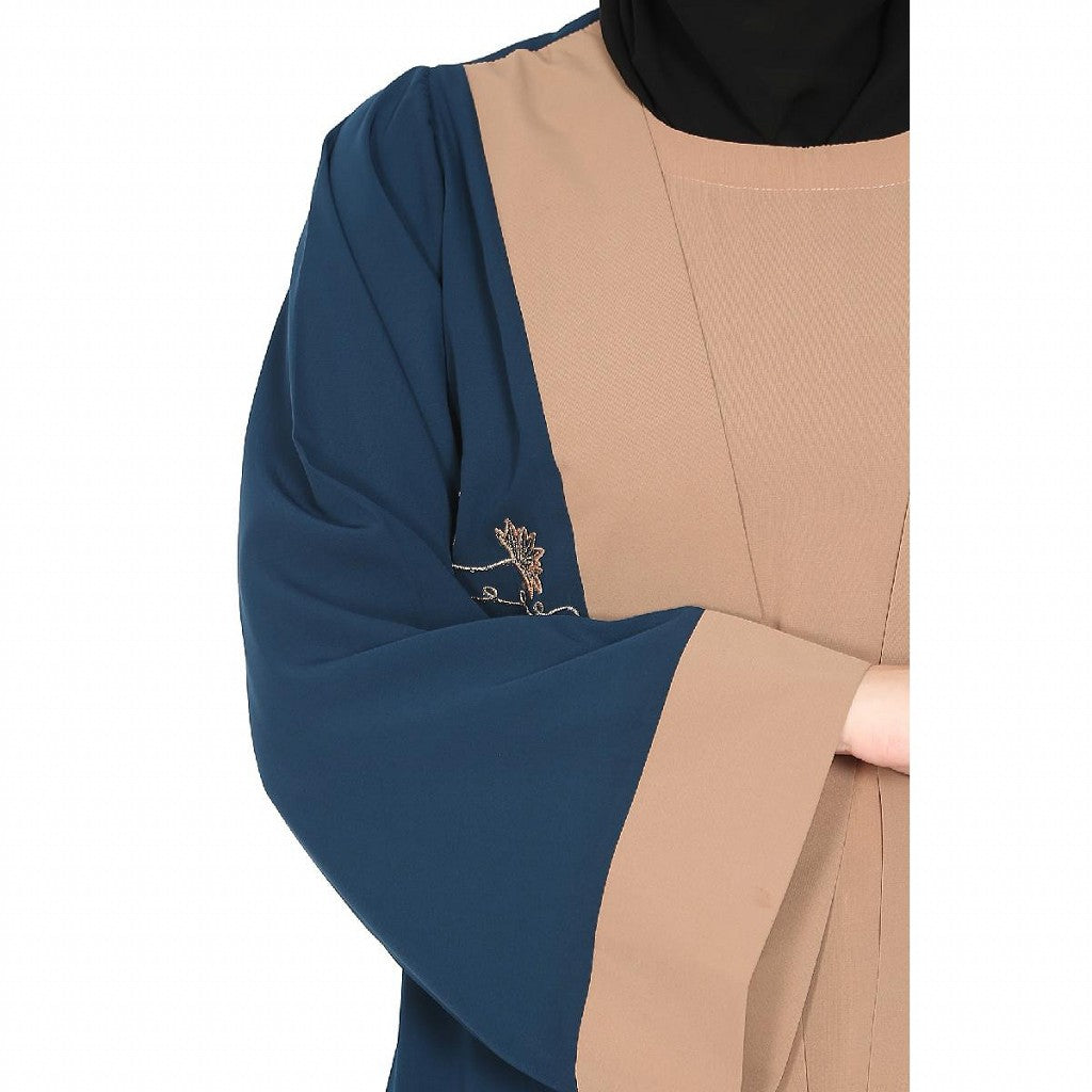 Embroidery work on layered abaya-Teal-Khaki