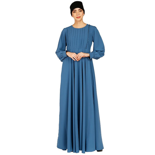 Umbrella abaya with potli buttons neck design- French Blue