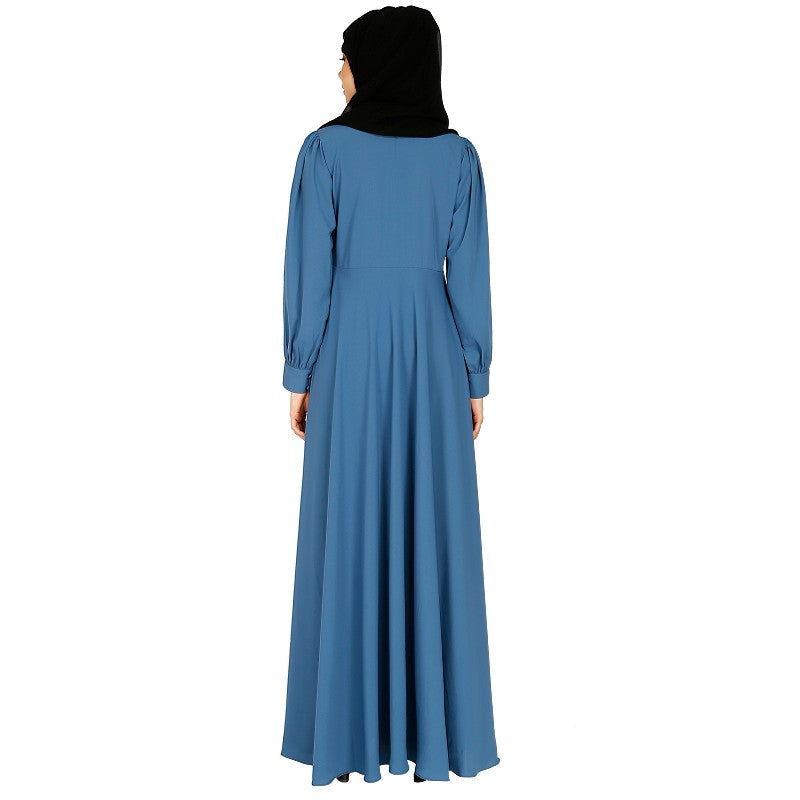 Umbrella abaya with potli buttons neck design- French Blue