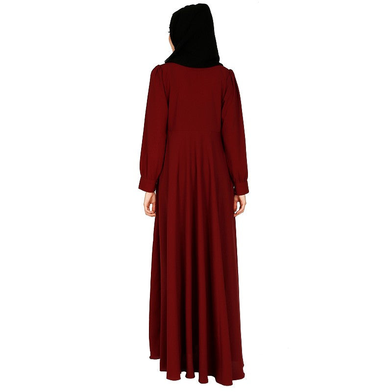Umbrella abaya with potli buttons neck design- Maroon