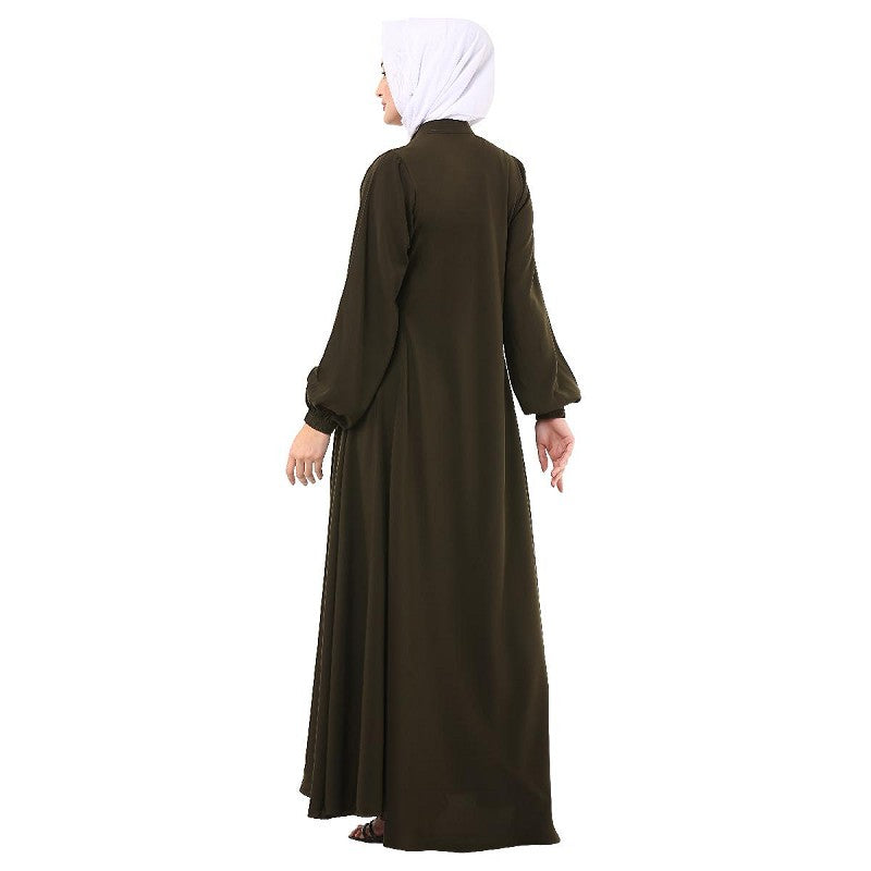 Umbrella cut abaya with Mandarin Collar- Olive Green