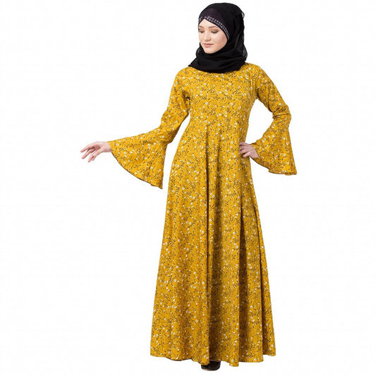Mustard printed Umbrella dress abaya with bell sleeves