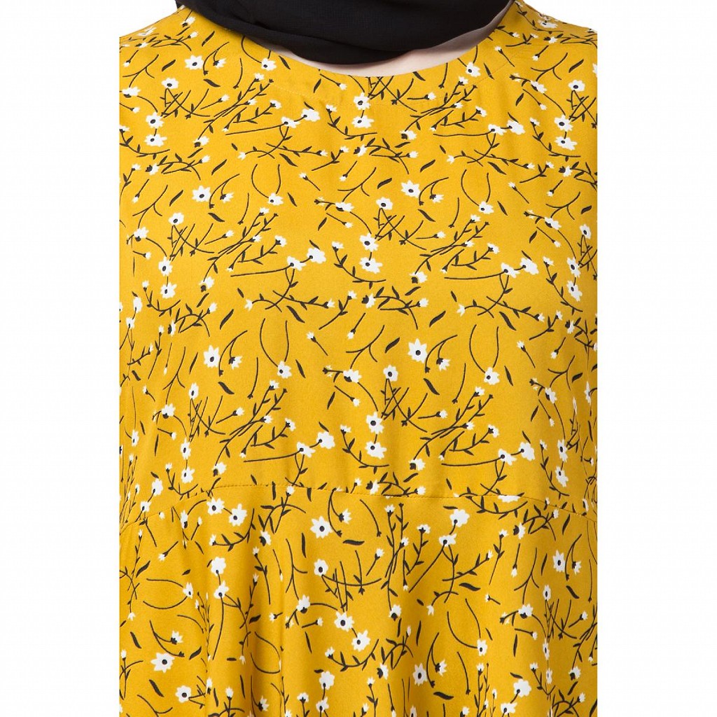 Mustard printed Umbrella dress abaya with bell sleeves
