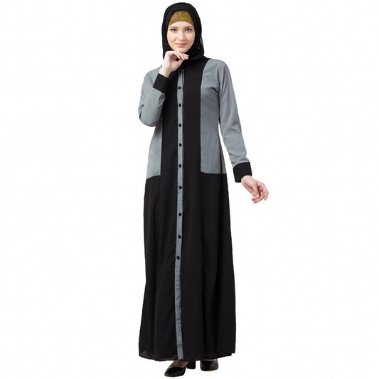 Dual colored front open abaya- Black-Grey