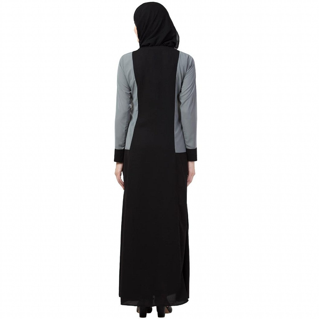 Dual colored front open abaya- Black-Grey