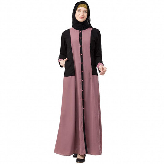 Dual colored front open abaya- Puce Pink-Black