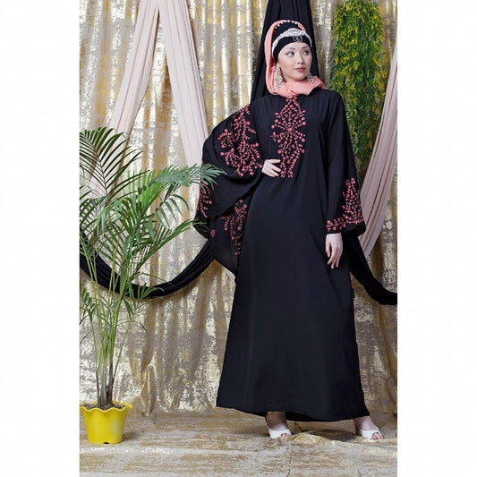 Embroidered abaya with Butterfly sleeves- Black-Coral