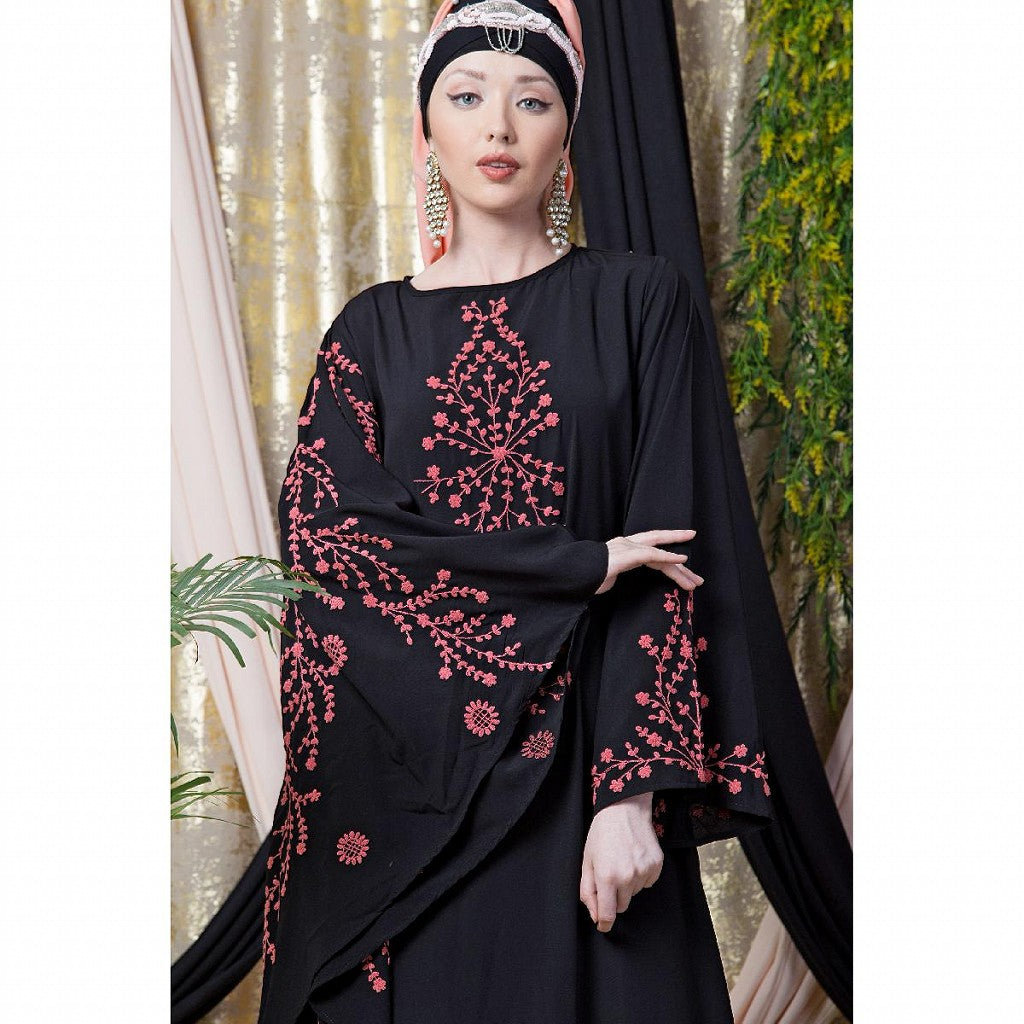 Embroidered abaya with Butterfly sleeves- Black-Coral