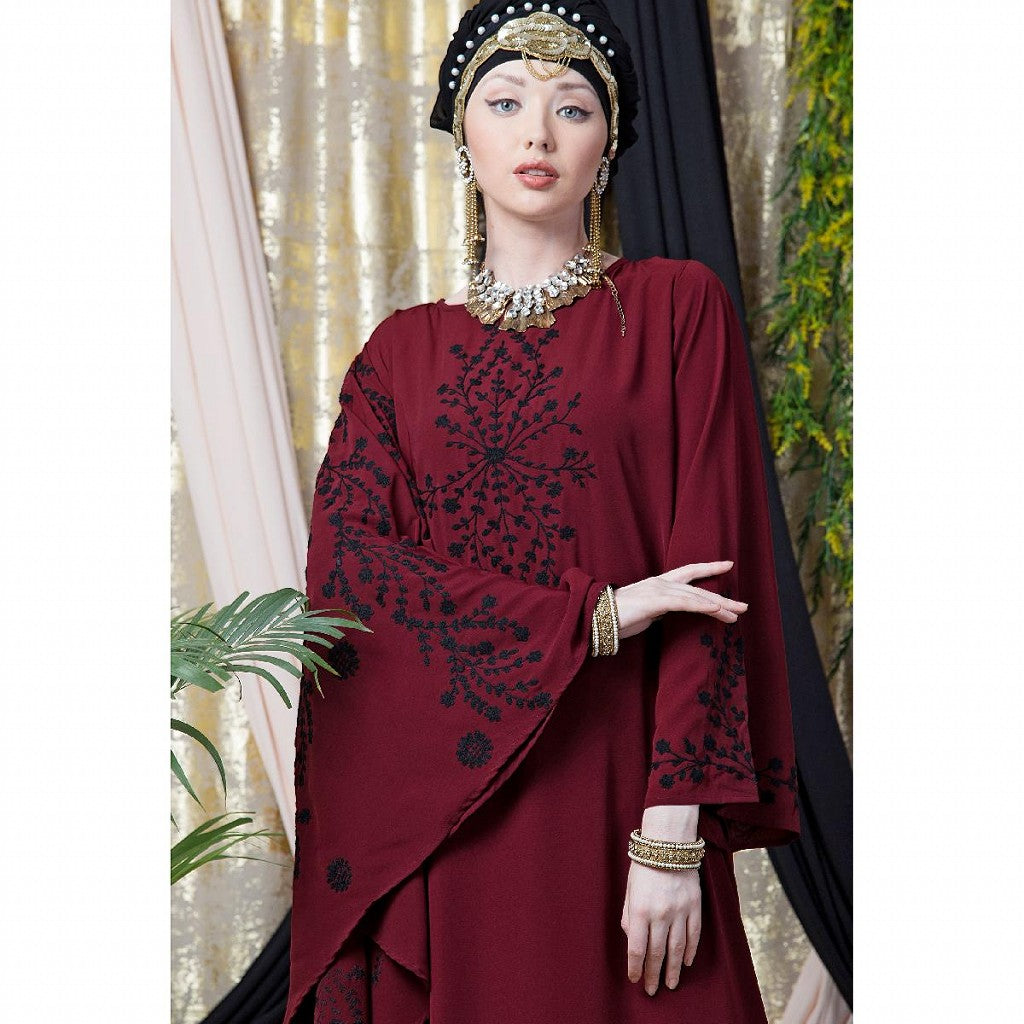 Embroidered abaya with Butterfly sleeves- Maroon