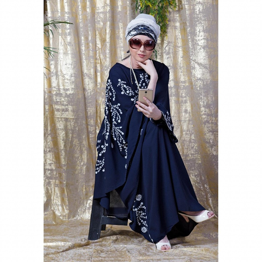 Embroidered abaya with Butterfly sleeves-Navy Blue
