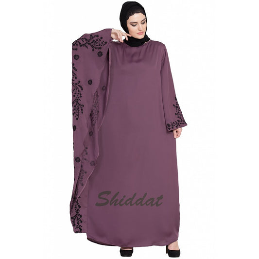 Embroidered abaya with Butterfly sleeves- Plum color