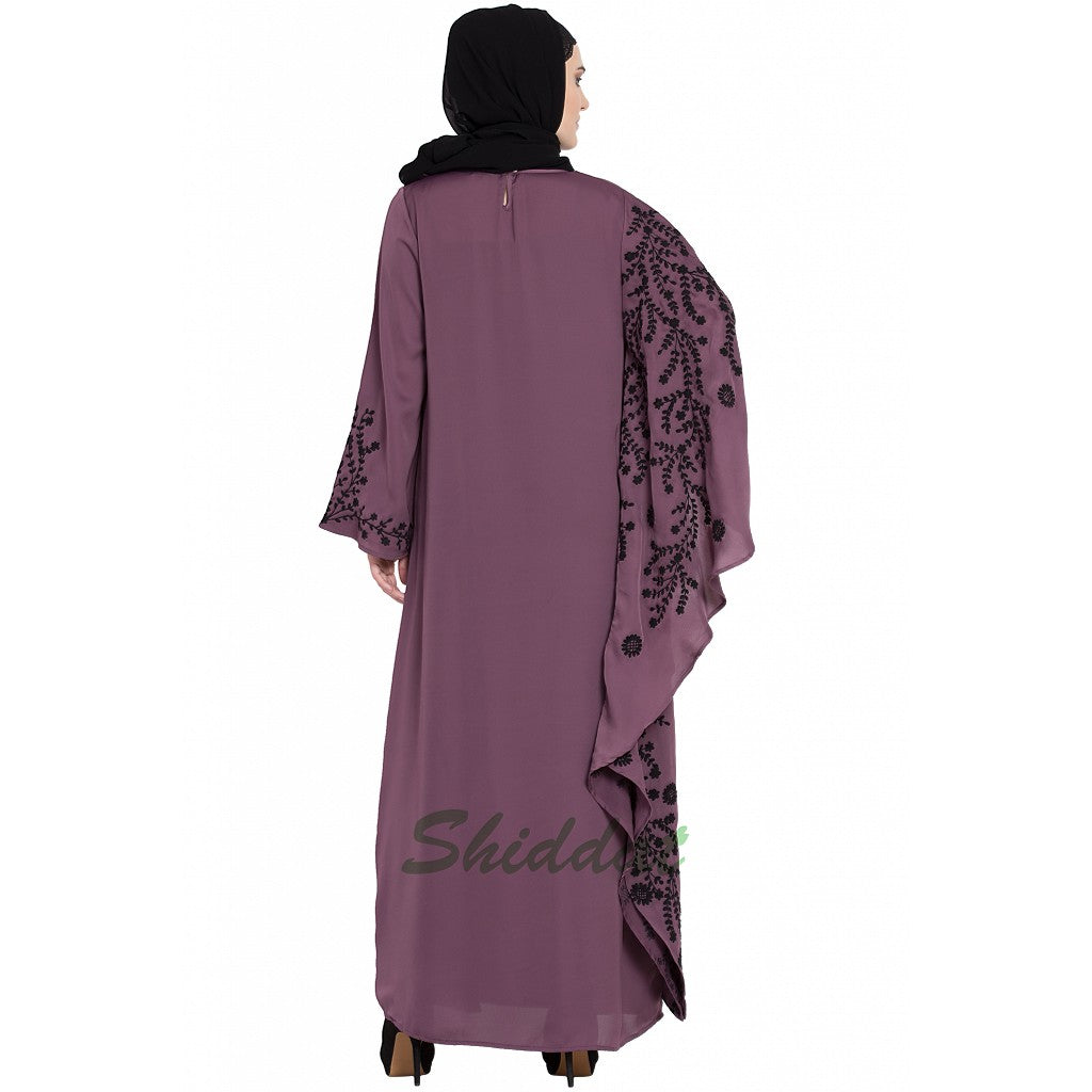 Embroidered abaya with Butterfly sleeves- Plum color