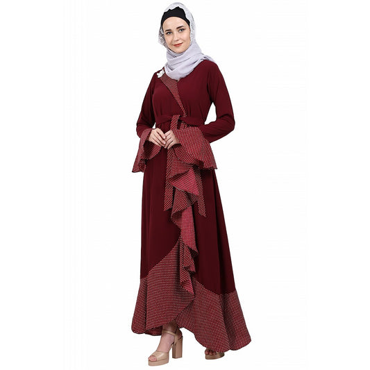 Designer abaya with Polka dotted frills- Maroon