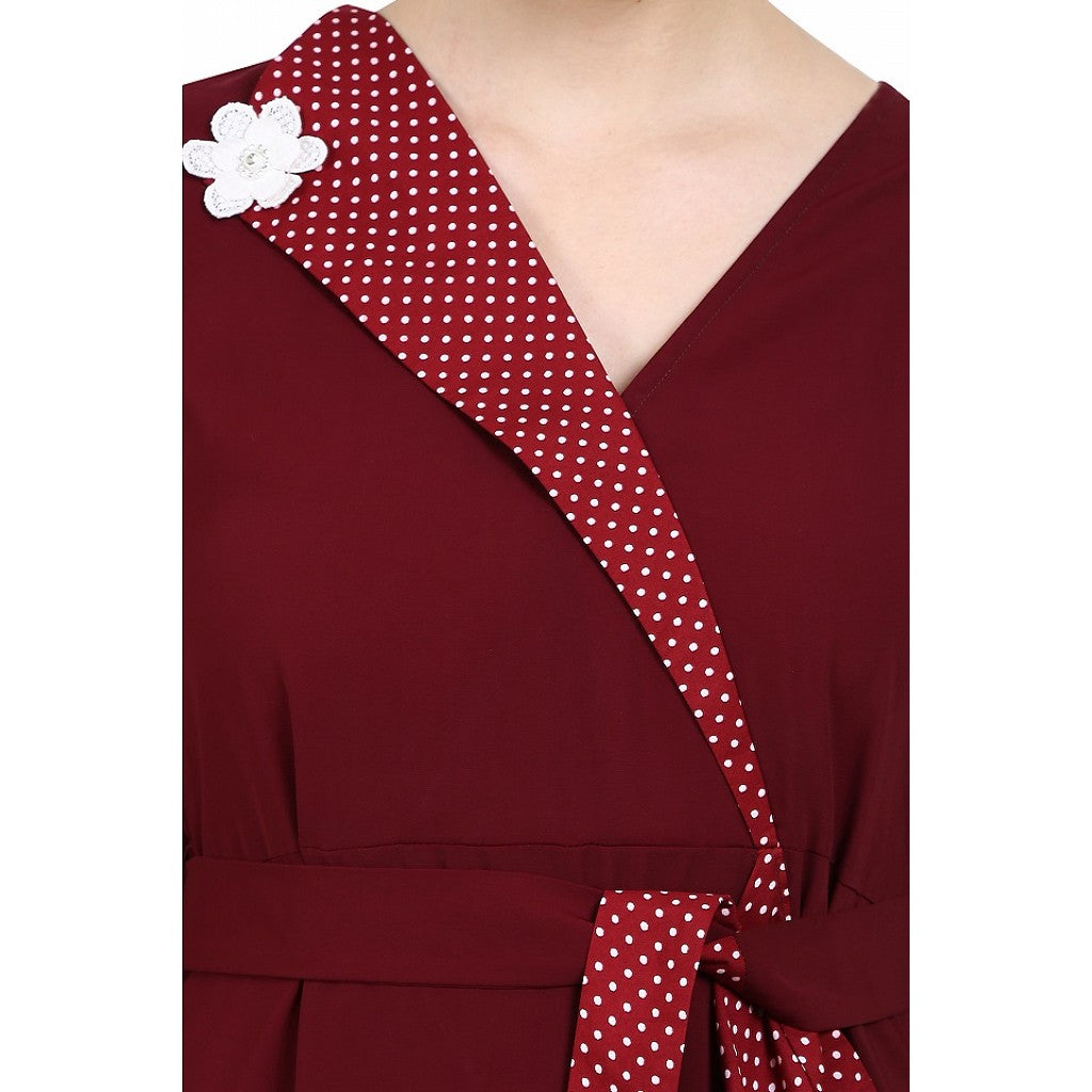 Designer abaya with Polka dotted frills- Maroon