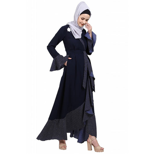 Designer abaya with Polka dotted frills- Navy Blue