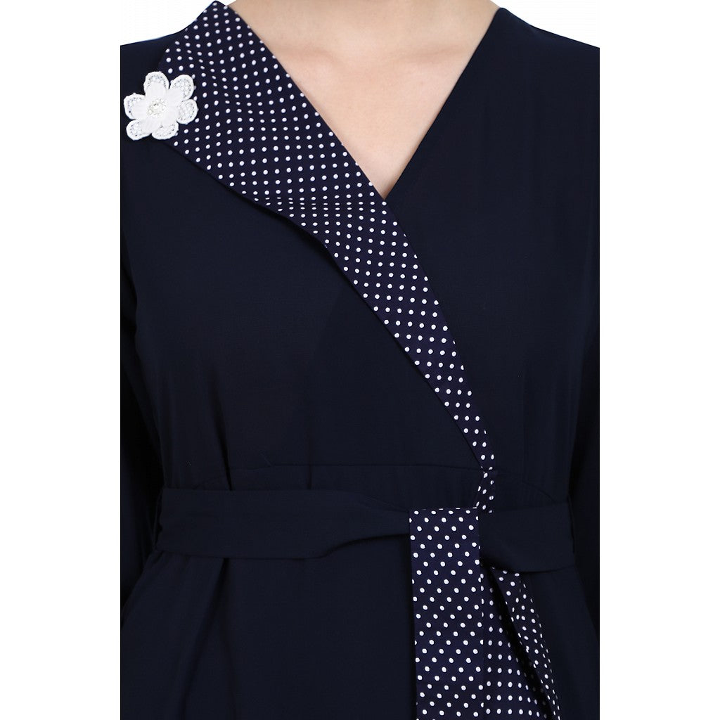 Designer abaya with Polka dotted frills- Navy Blue
