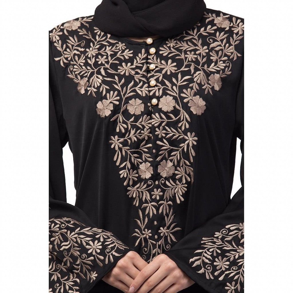 A-line party wear abaya with Resham embroidery work- Black