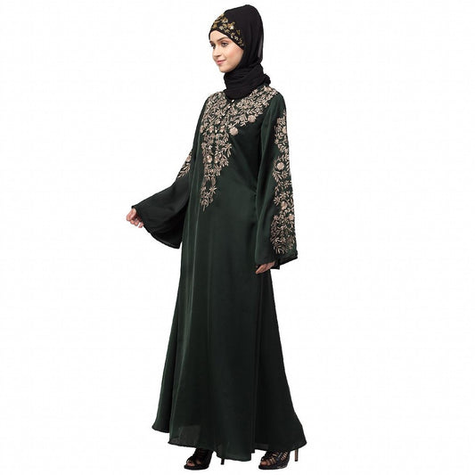 A-line party wear abaya with Resham embroidery work- Green