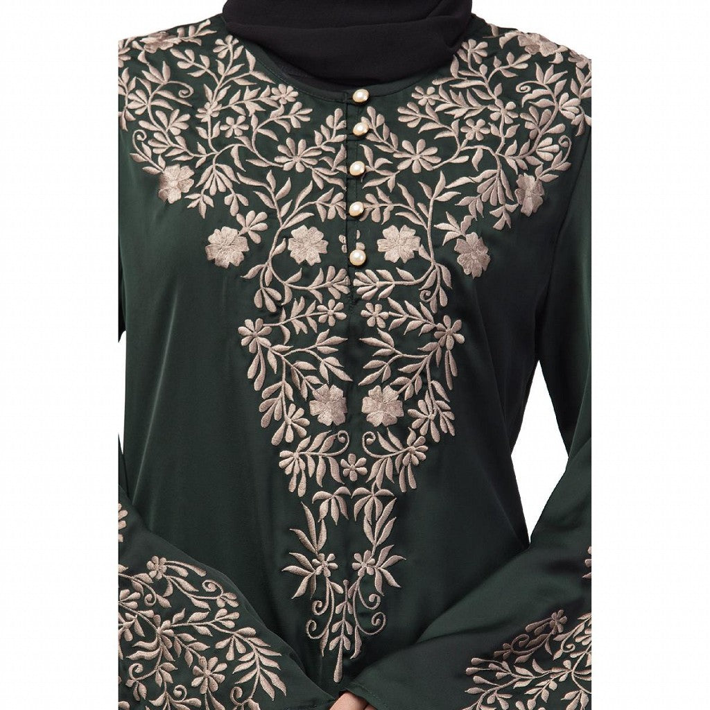 A-line party wear abaya with Resham embroidery work- Green