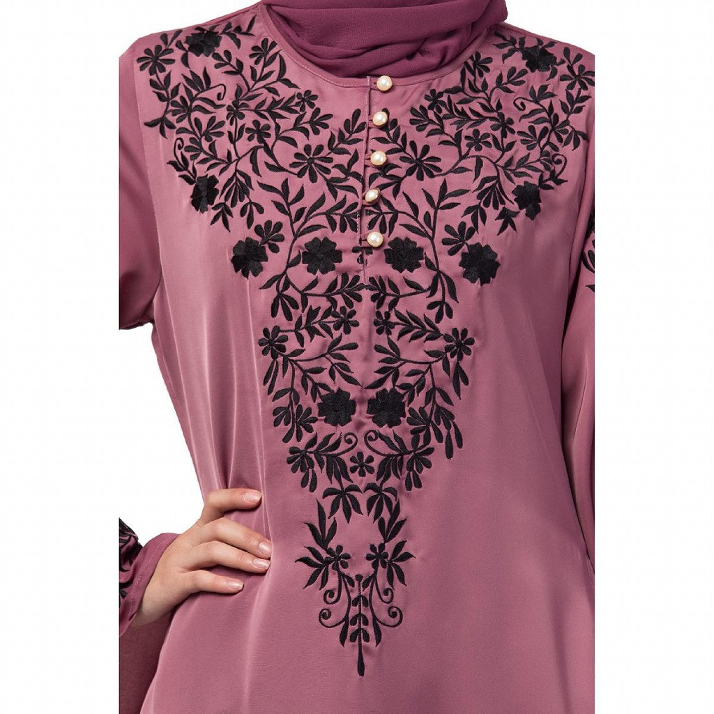 A-line party wear abaya with Resham embroidery work- Mauve Pink