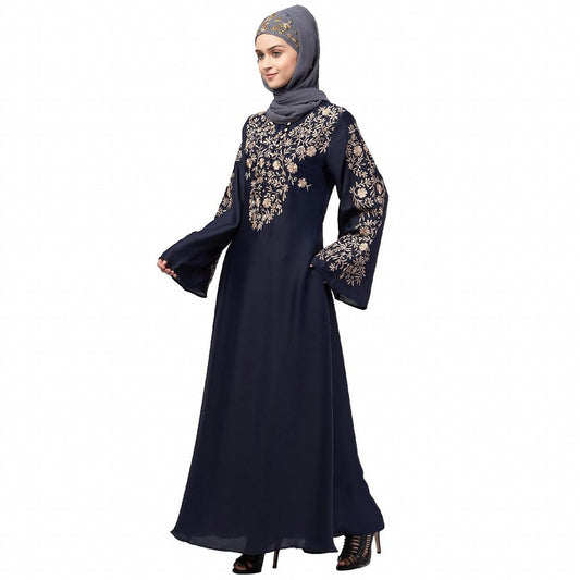 A-line party wear abaya with Resham embroidery work- Navy Blue