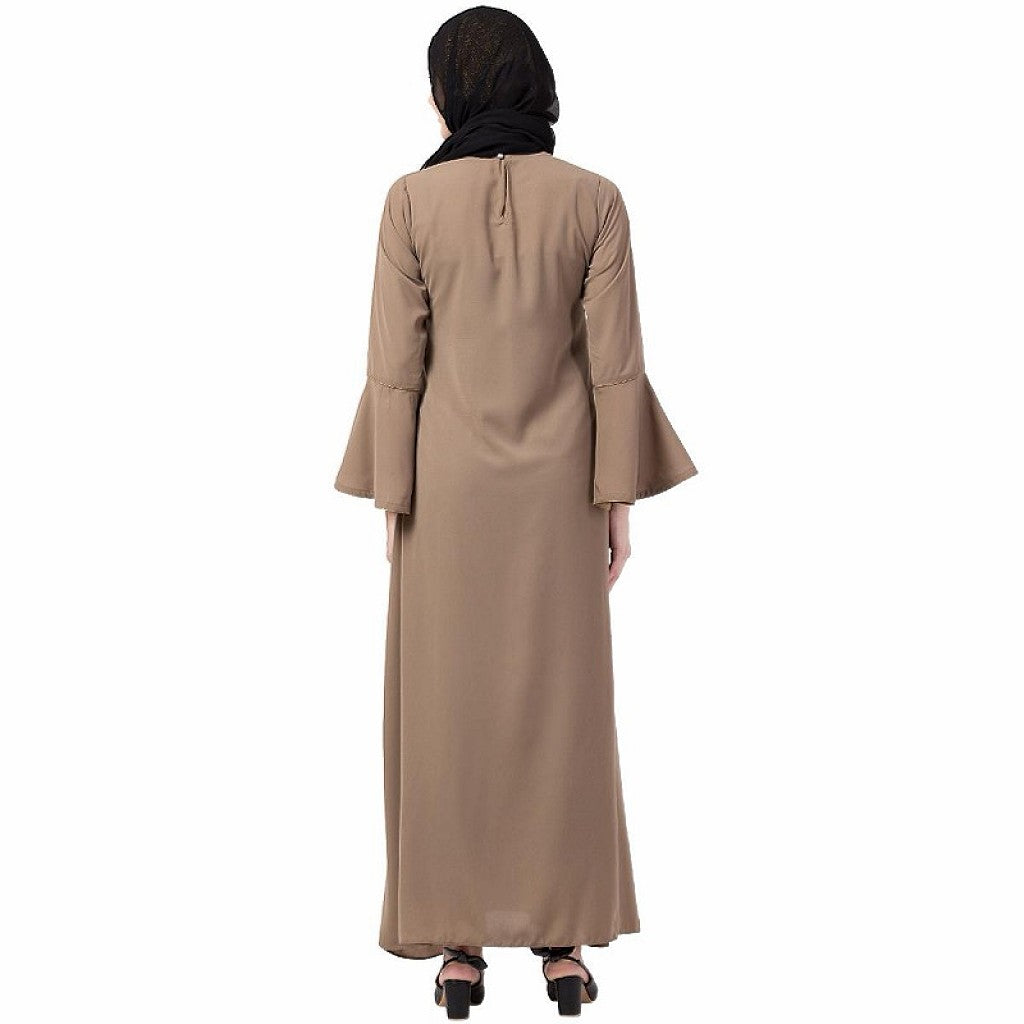 Casual A-line abaya with bell sleeves- Beige
