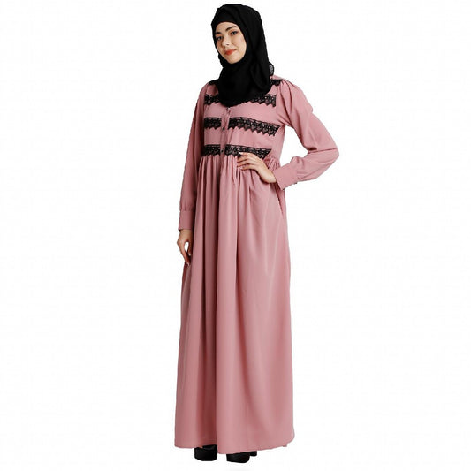 Casual collared abaya with lacework- Baby Pink