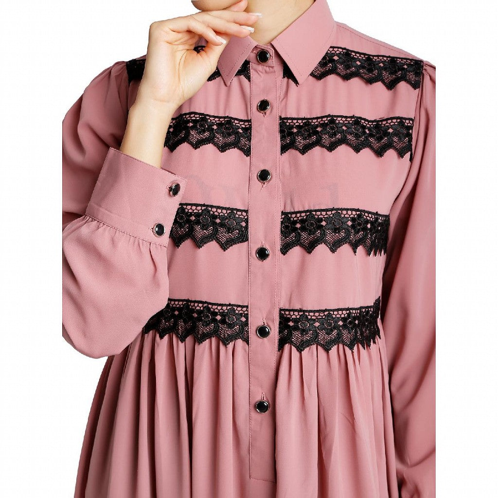 Casual collared abaya with lacework- Baby Pink